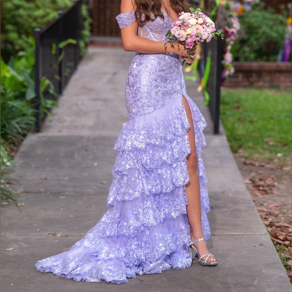 Lavender Off-Shoulder Gown with Ruffle Skirt